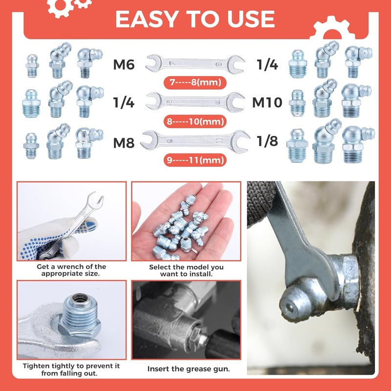 Hapric 112 Pcs Grease Zerk Fittings Kits, SAE & Metric Hydraulic Grease Fitting Assortment Straight 45 90 Degree with Wrench Kit(7-11mm) for Grease Gun Automotive Mechanery - Image 4